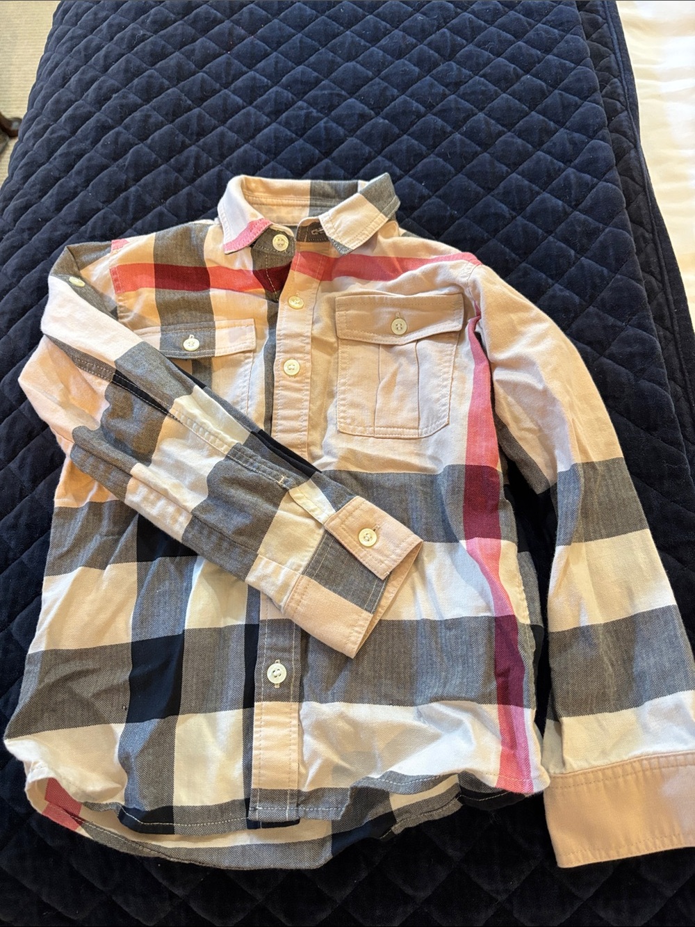Burberry Beige, Navy & Pink Plaid Button-Down Shirt